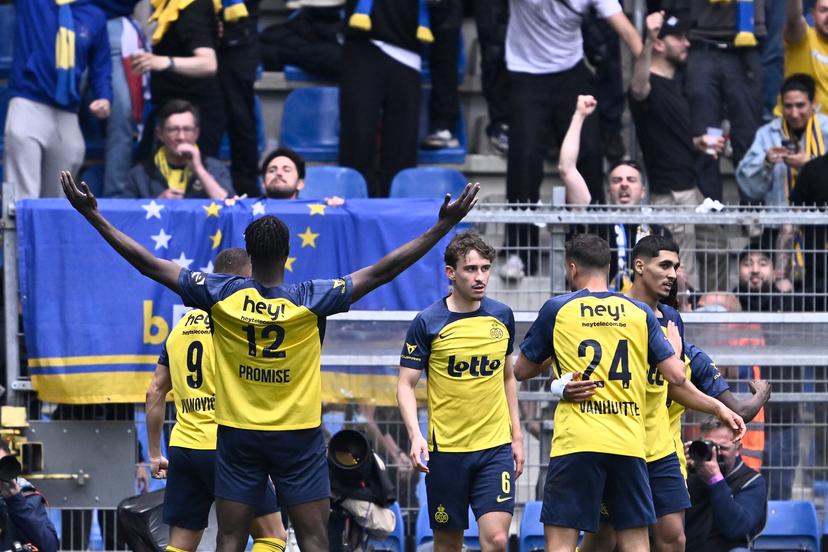 Union's Promise David celebrates after scoring during a soccer match between KRC Genk and Royale Union Saint-Gilloise, Sunday 20 April 2025 in Gent, on day 4 (out of 10) of the Champions' Play-offs of the 2024-2025 'Jupiler Pro League' first division of the Belgian championship. BELGA PHOTO JOHAN EYCKENS