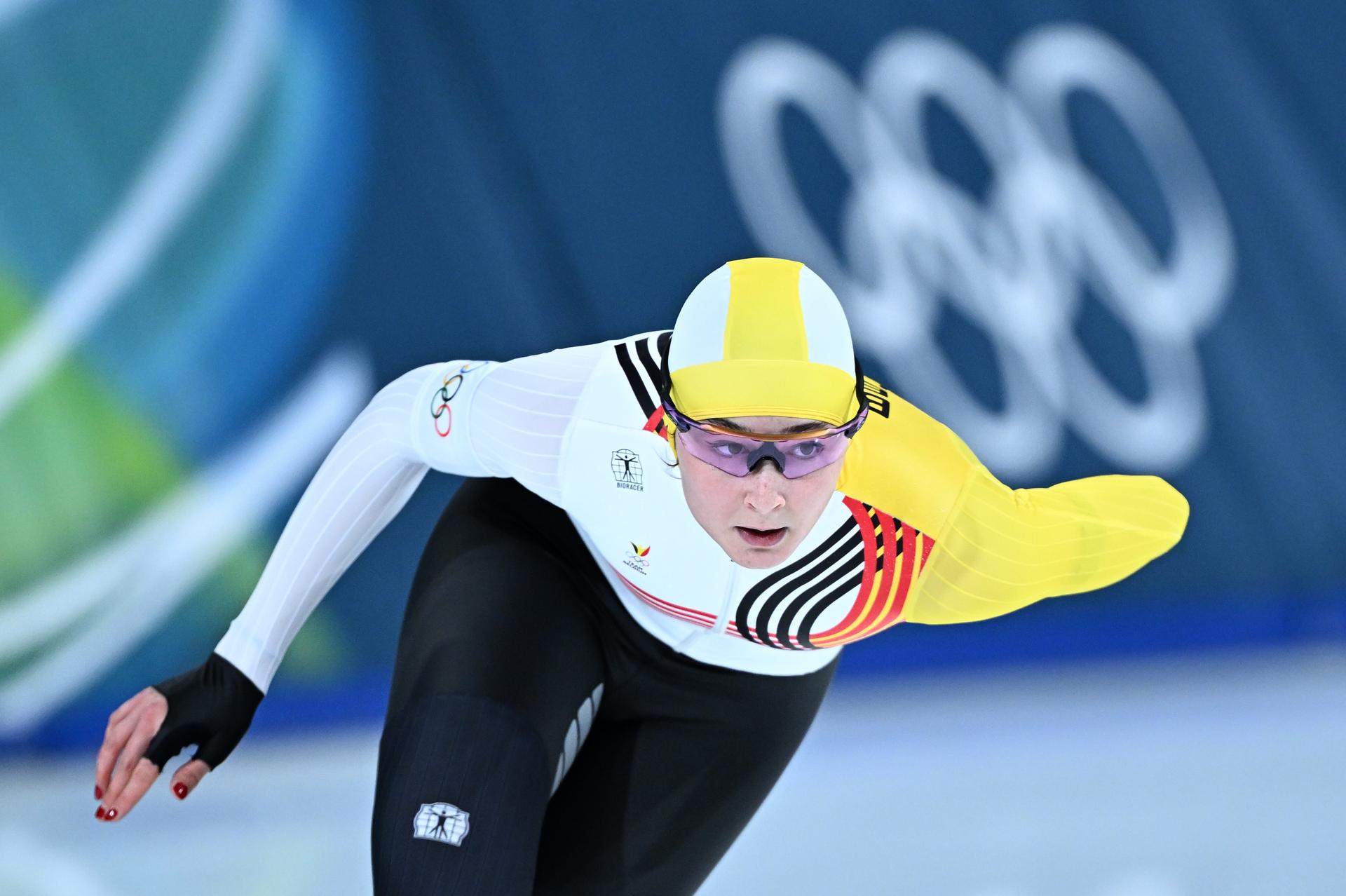 Belgian speed skater Fran Vanhoutte pictured in action during the Women's 1000m speed skating race at the Milano Cortina 2026 Olympic Winter Games, on Monday 09 February 2026 in Milan, Italy. The XXV Winter Olympics take place from 6 to 22 February 2026 in Italy. BELGA PHOTO JASPER JACOBS