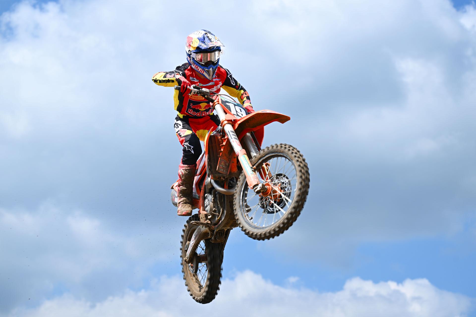 Belgian Sacha Coenen pictured in action during the MX2 race at the motocross MXGP Grand Prix Flanders event, race 14/20 of the FIM Motocross World Championship, Sunday 28 July 2024 in Lommel. BELGA PHOTO MAARTEN STRAETEMANS