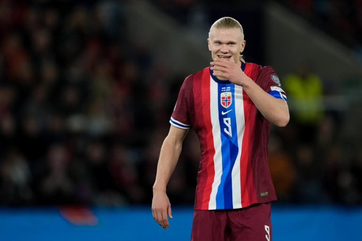 Norway's forward #09 Erling Braut Haaland reacts during the 2026 World Cup qualifiers Europe zone group I football match between Norway and Israel on October 11, 2025 in Oslo, Norway.   Fredrik Varfjell / NTB / AFP