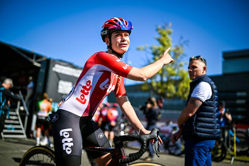 Belgian Mieke Docx of Lotto Ladies pictured before pictured at the start of the women's race of the 'Paris-Roubaix' one day cycling race, 148,5 km from Denain to Roubaix, France, on Saturday 12 April 2025. BELGA PHOTO JASPER JACOBS
