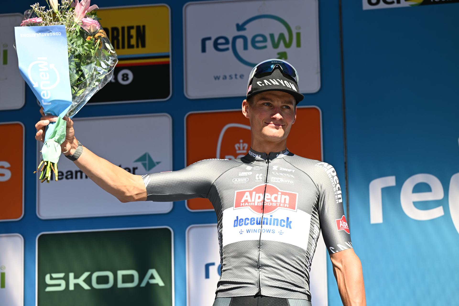 Dutch Mathieu van der Poel of Alpecin-Deceuninck pictured on the podium after the fifth and last stage of the 'Renewi Tour' multi-stage cycling race, 185km from and to Leuven on Sunday 24 August 2025. The five-day race takes place in Belgium and the Netherlands.  BELGA PHOTO DAVID PINTENS
