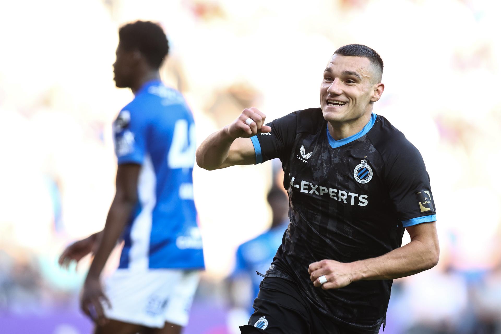 Club's Ferran Jutgla celebrates after scoring during a soccer match between KRC Genk and Club Brugge, Sunday 11 May 2025 in Genk, on day 8 (out of 10) of the Champions' Play-offs of the 2024-2025 'Jupiler Pro League' first division of the Belgian championship. BELGA PHOTO BRUNO FAHY