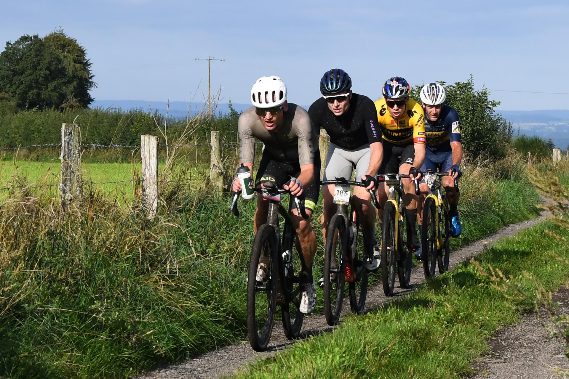 Belgian Wout van Aert pictured in action during the Houffa gravel race, Saturday 26 August 2023, in Houffalize, Belgium. Many competitors will be at the start of the Houffa Gravel race in Houffalize, the third round of the Yuzzu Gravel Series and the only Belgian qualifier of the UCI Gravel World Series. BELGA PHOTO JILL DELSAUX