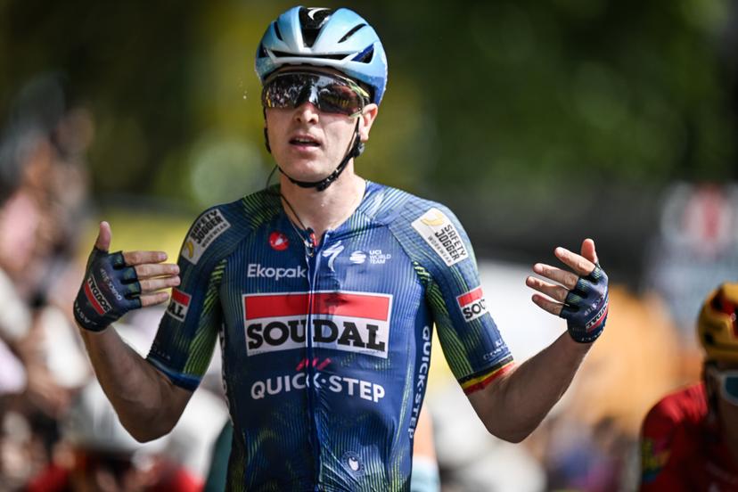 Belgian Tim Merlier of Soudal Quick-Step celebrates after winning the stage 7 of the 2026 Tour de France cycling race, a stage of 175km from Hagetmau to Bordeaux, on Friday 10 July 2026. The 113th edition of the Tour de France starts on Saturday 4 July in Barcelona, Spain, and will finish in Paris, France on the 26th of July. BELGA PHOTO DAVID PINTENS