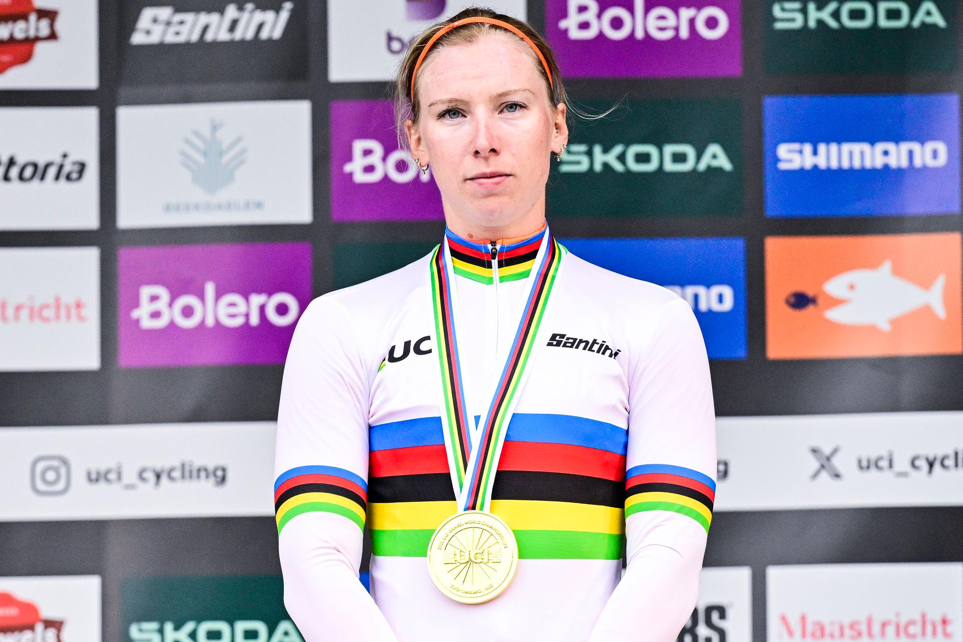 Dutch Lorena Wiebes pictured on the podium after winning the women elite race at the UCI World Gravel Championships, Saturday 11 October 2025, in Maastricht, The Netherlands. BELGA PHOTO DIRK WAEM