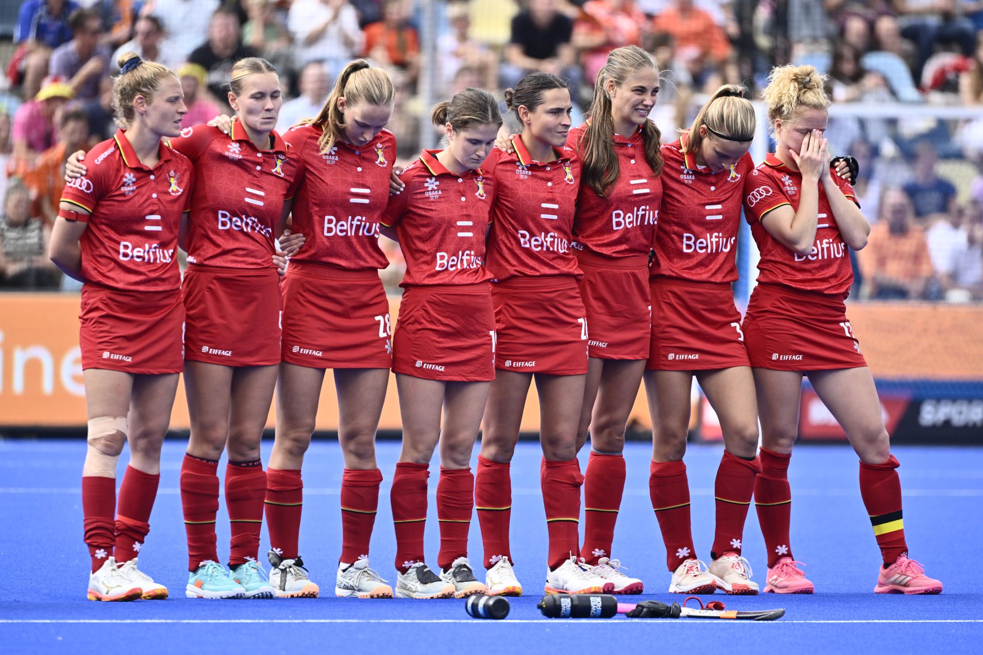 The Red Panthers pictured during a hockey game between Spain and the Belgian national team Red Panthers, the 'small final' to decide on the bronze medal of the 2025 women's European championships, Sunday 17 August 2025 in Monchengladbach, Germany.  BELGA PHOTO ERIC LALMAND