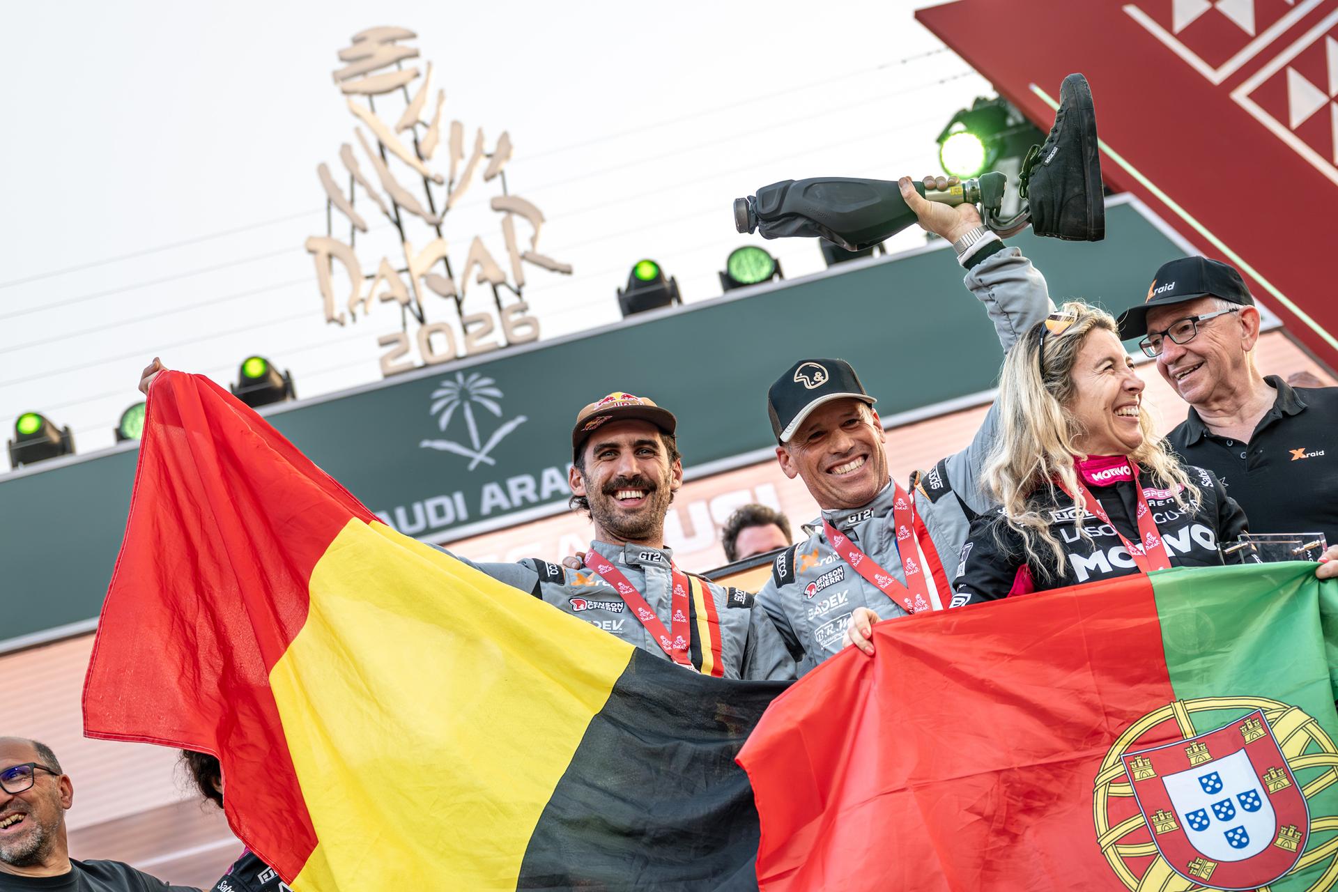 ATTENTION EDITORS - HAND OUT PICTURES - EDITORIAL USE ONLY - MANDATORY CREDIT: 'SIMON BAUCHAU'  Hand out picture released by Eric Dupain shows Guillaume de Mevius and Mathieu Baumel after stage 13 of the 2026 Dakar rally race in Yanbu, Saudi Arabia on Saturday 17 January 2026.  *** Belga and Belga Editorial Board decline all responsibility regarding the content of this picture. *** PHOTO HAND OUT - SIMON BAUCHAU