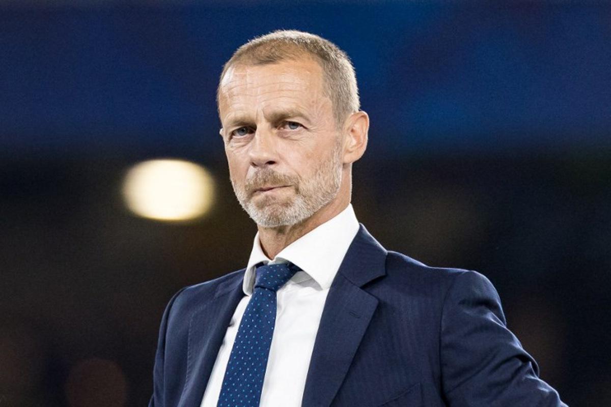 UEFA President Aleksander Ceferin looks on during the UEFA Supercup football match between Champions League winners Paris Saint Germain (PSG) and Europa League winners Aston Villa in Salzburg, Austria on August 12, 2026.  Johann GRODER / APA / AFP