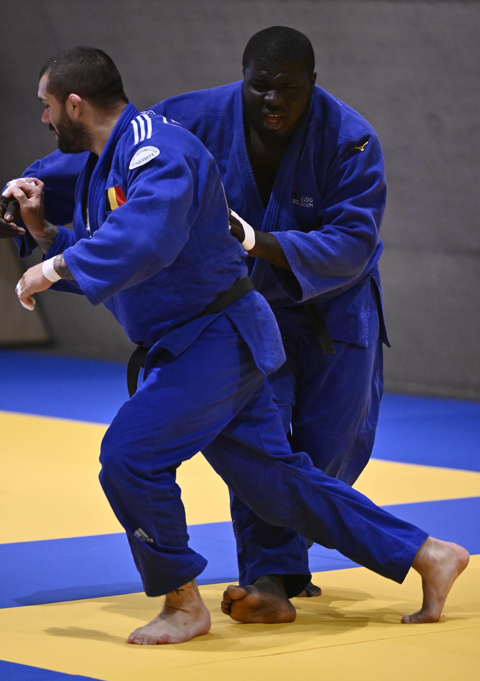 Belgian Toma Nikiforov and Belgian Yves Ndao pictured in action during a press moment of the Belgian selection for the upcoming European Championships judo, on Tuesday 15 April 2025 in Wilrijk. The euros are taking place in Podgorica, Montenegro from 23 to 27 April. BELGA PHOTO ERIC LALMAND