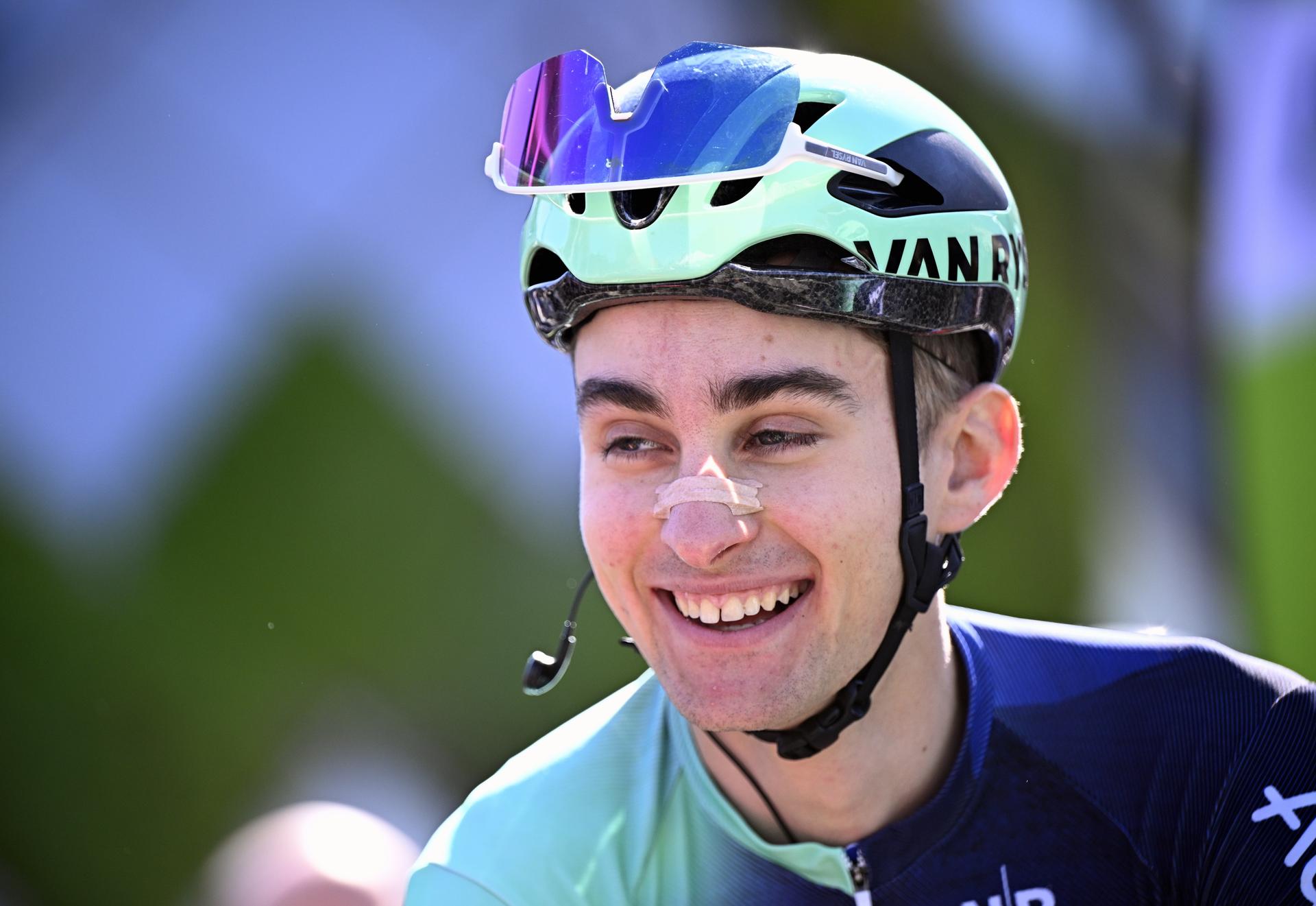French Paul Seixas of Decathlon CMA CGM Team pictured at the start of the men's race of the 90th edition of the 'La Fleche Wallonne', one day cycling race (Waalse Pijl - Walloon Arrow), 200 km from Herstal to Huy, Wednesday 22 April 2026. BELGA PHOTO JASPER JACOBS