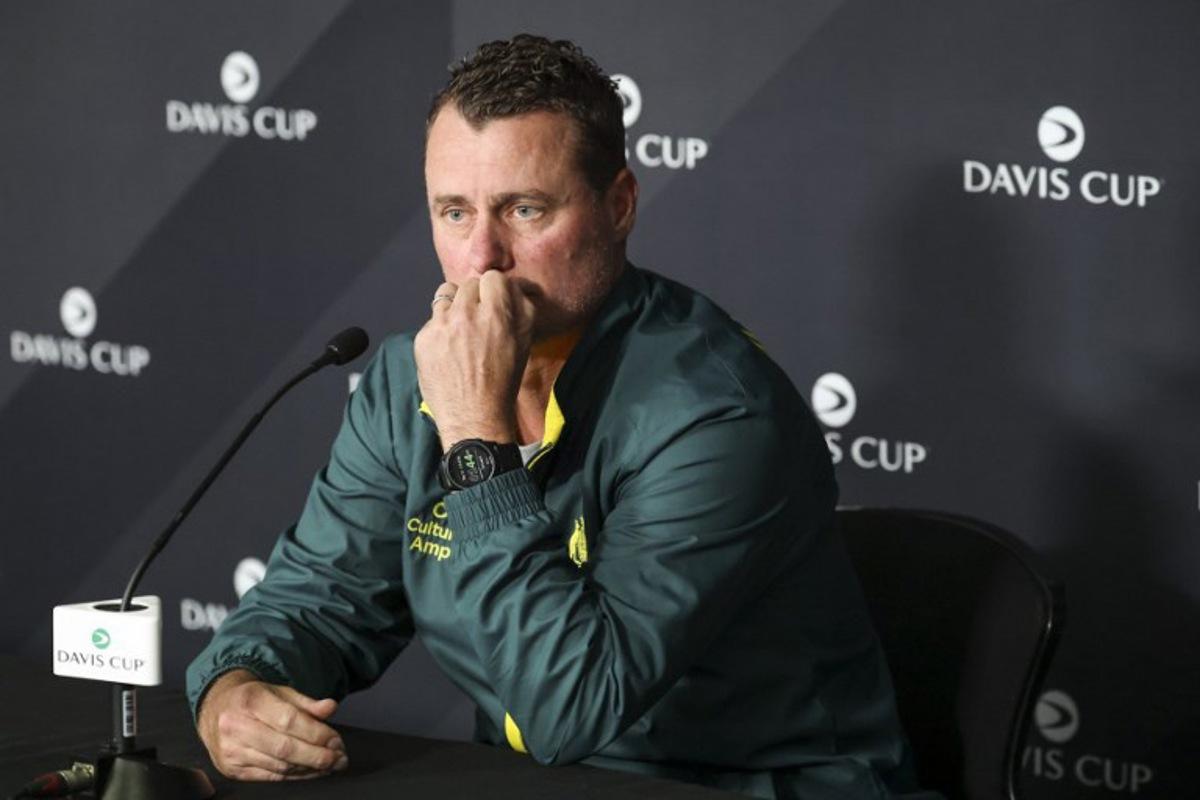 Australia's team captain Lleyton Hewitt reacts during a press conference at Ken Rosewall Arena in Sydney on September 11, 2025, ahead of the second-round qualifier for the Davis Cup tennis against Belgium from September 13-14.  DAVID GRAY / AFP