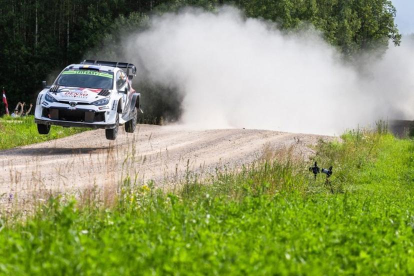 Swedish driver Oliver Solberg and co-driver British Elliott Edmondson compete in their Toyota GR Yaris Rally1 during the Kanepi stage of the WRC Rally Estonia, the eighth round of the FIA World Rally Championship, on July 19, 2025 near Otepaa, Estonia.  TIMO ANIS / AFP