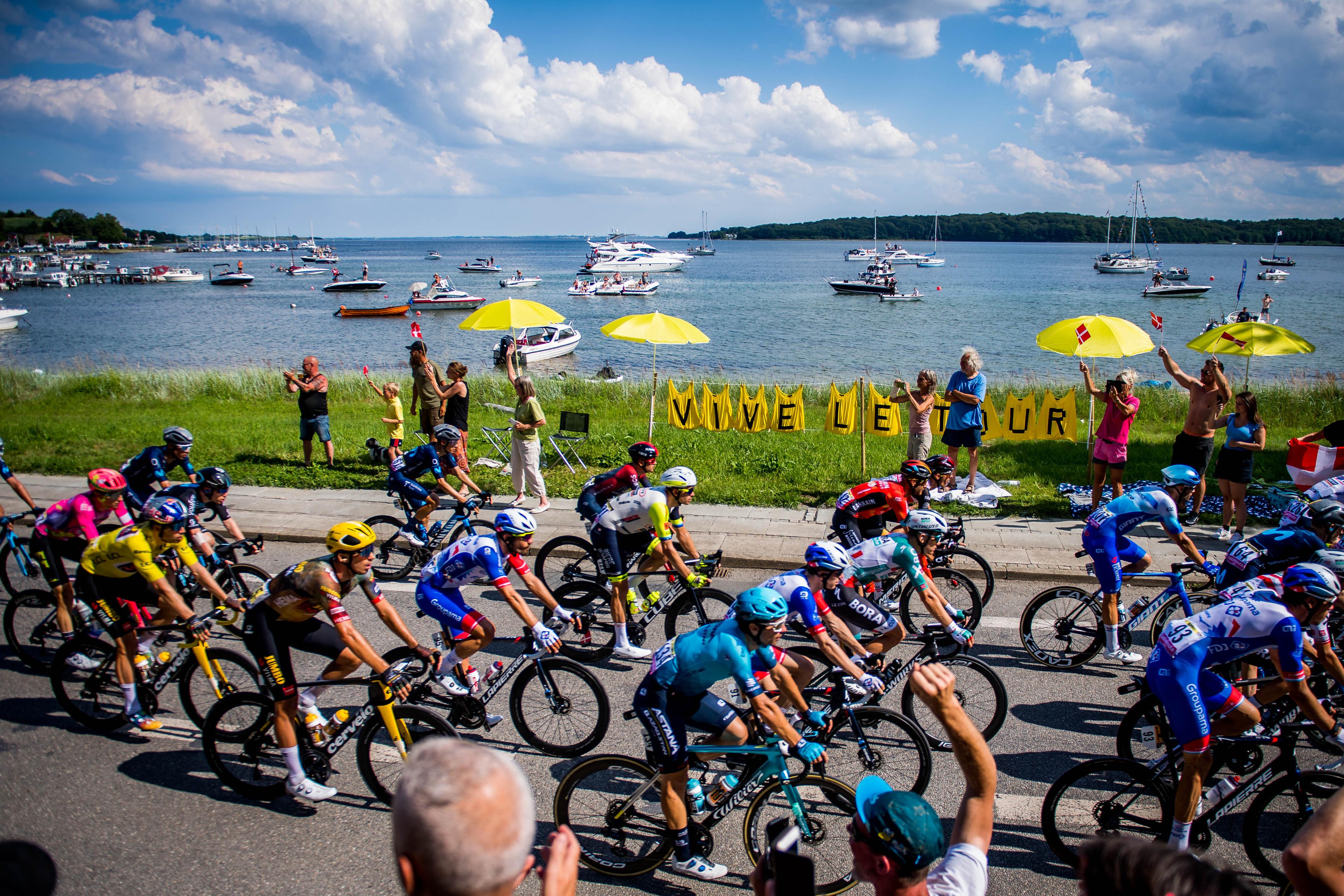 Illustration picture of the pack of riders pictured in action during stage three of the Tour de France cycling race, 182km from Vejle to Sonderborg, Denmark on Sunday 03 July 2022. This year's Tour de France takes place from 01 to 24 July 2022 and starts with three stages in Denmark. BELGA PHOTO JASPER JACOBS