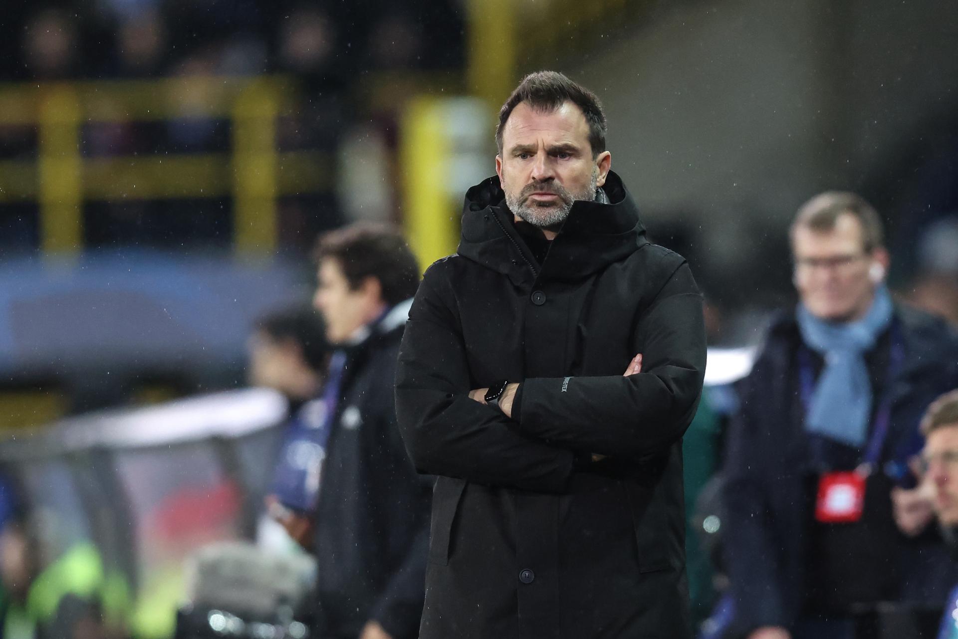 Club's head coach Ivan Leko pictured at the start of a soccer game between Belgian Club Brugge KV and Spanish Atletico de Madrid, in Brugge on Wednesday 18 February 2026, the first leg of the play-offs for the knockout phase of the UEFA Champions League tournament. BELGA PHOTO BRUNO FAHY