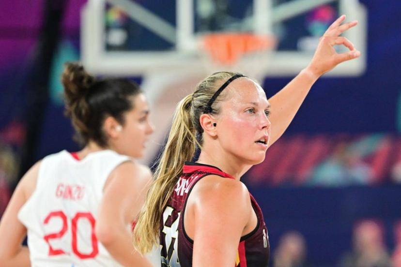 Belgium's point guard Julie Allemand reacts during the FIBA Women's Eurobasket 2023 final basketball match between Spain and Belgium at the Arena Stozice in Ljubljana, Slovenia, on June 25, 2023.  Jure Makovec / AFP