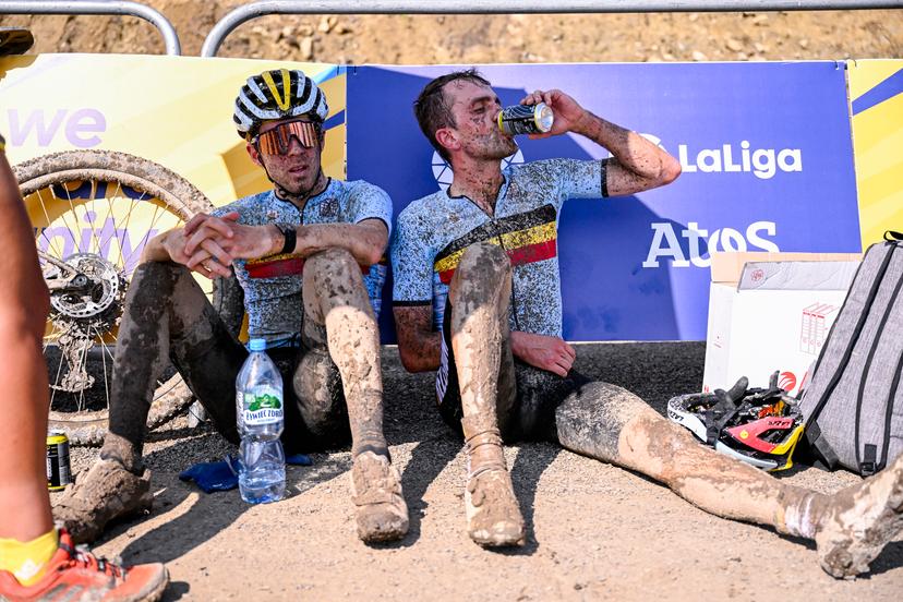 Mountain Biker  Jens Schuermans and Mountain Biker  Pierre de Froidmont look exhausted after the men cross-country event in the Cycling Mountain Bike competition at the European Games in Krakow, Poland on Sunday 25 June 2023. The 3rd European Games, informally known as Krakow-Malopolska 2023, is a scheduled international sporting event that will be held from 21 June to 02 July 2023 in Krakow and Malopolska, Poland. BELGA PHOTO LAURIE DIEFFEMBACQ