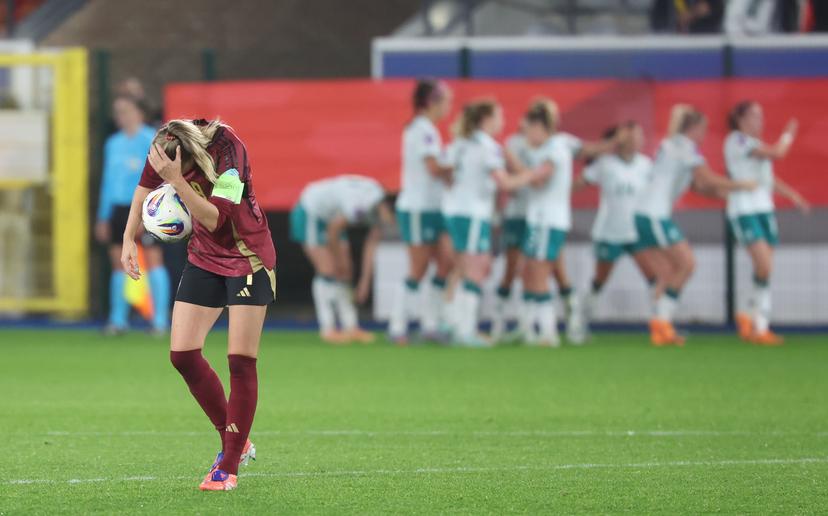 Belgium's Tessa Wullaert looks dejected during a soccer game between Belgium's national women's team the Red Flames and Ireland, the return leg in the Nations League Promotion/relegation play-off, on Tuesday 28 October 2025 in Leuven. Flames lost the first leg 4-2. BELGA PHOTO VIRGINIE LEFOUR