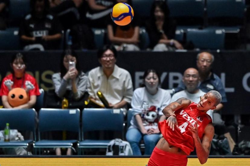 Turkey's Melissa Teresa Vargas serves during the match on the final day of the Volleyball World Cup 2023 women's Olympic qualifying tournament between Turkey and Belgium at Yoyogi National Stadium in Tokyo on September 24, 2023.  Richard A. Brooks / AFP