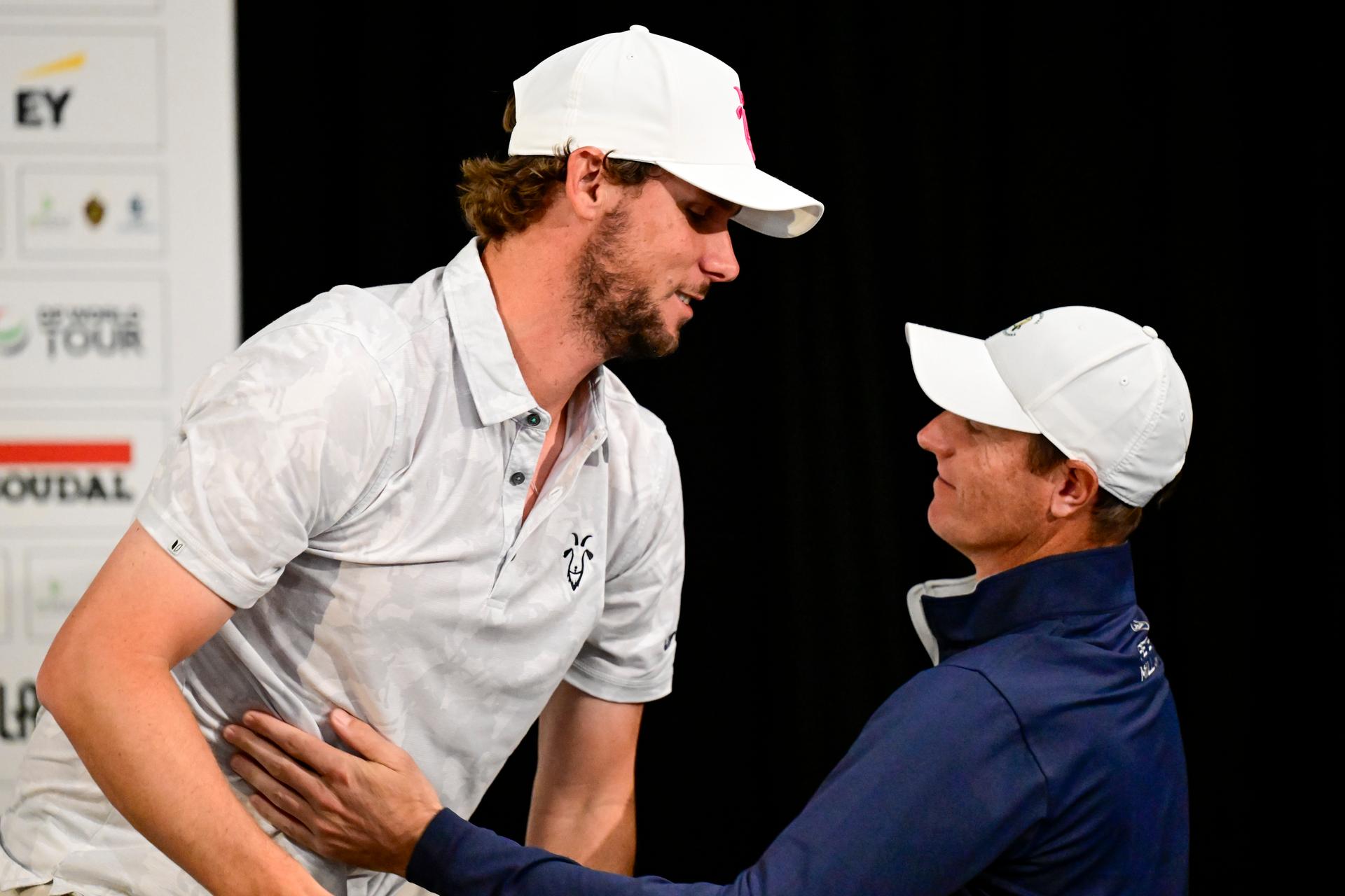 Belgian Thomas Pieters and Belgian Nicolas Colsaerts pictured during a press conference regarding the 2024 Soudal Open DP World Tour golf tournament, in Schilde, Tuesday 21 May 2024. The 2024 Soudal Open take place from 23 to 26 May at the Rinkven Golf Club in Schilde. BELGA PHOTO DIRK WAEM
