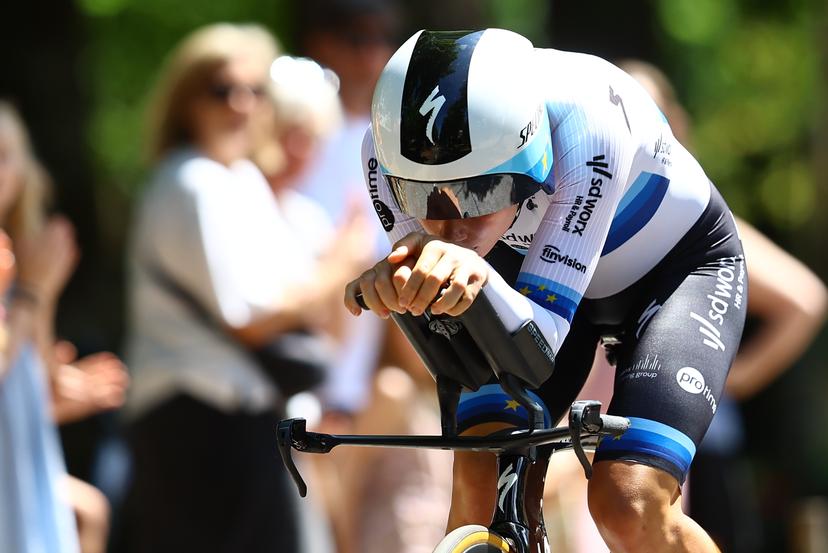 Belgian Lotte Kopecky of SD Worx-Protime pictured in action during the women's elite individual time trial of the Belgian Cycling Championships, 20,1km, in Brasschaat, on Friday 27 June 2025. BELGA PHOTO DAVID PINTENS