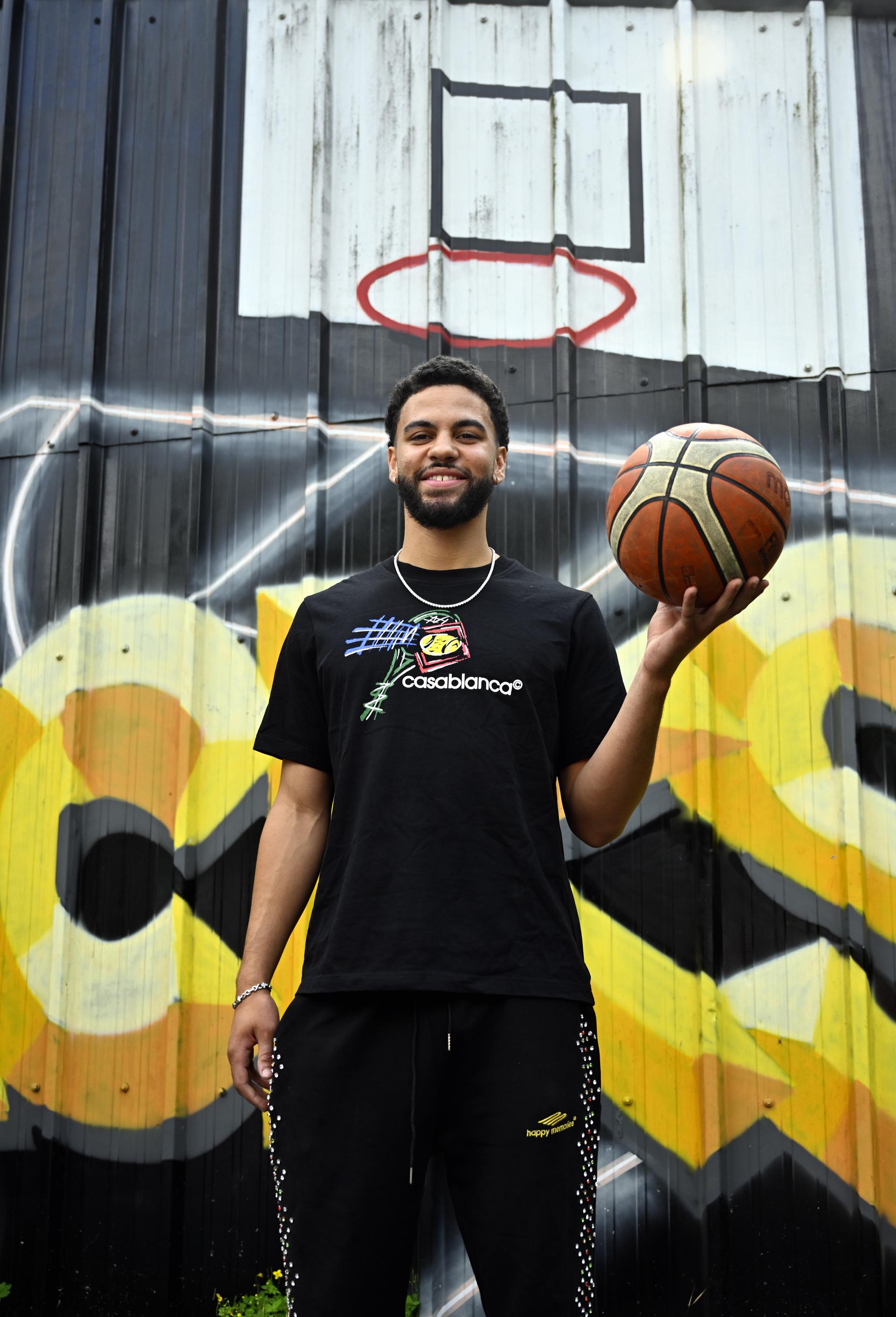 Ajay Mitchell poses for the photographer during a press conference regarding the NBA US basketball competition on Wednesday 30 July 2025 in Ans. Oklahoma City Thunder, featuring Belgian point guard Mitchell, won the league. BELGA PHOTO ERIC LALMAND