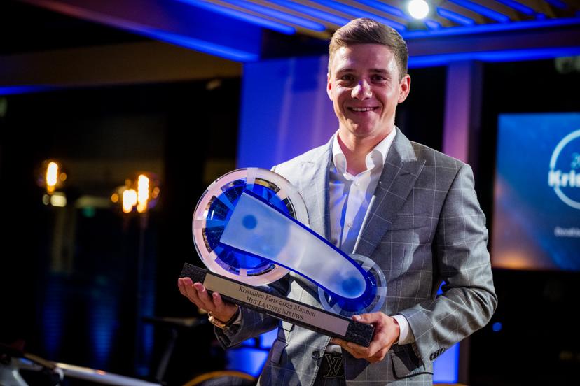 Belgian Remco Evenepoel poses for the photographer during the 'Kristallen Fiets' (Crystal Bike - Velo de Cristal) award ceremony for the best cyclists of the 2023 cycling season, organized by Flemish newspaper Het Laatste Nieuws, Tuesday 10 October 2023, in Kruisem. BELGA PHOTO JASPER JACOBS