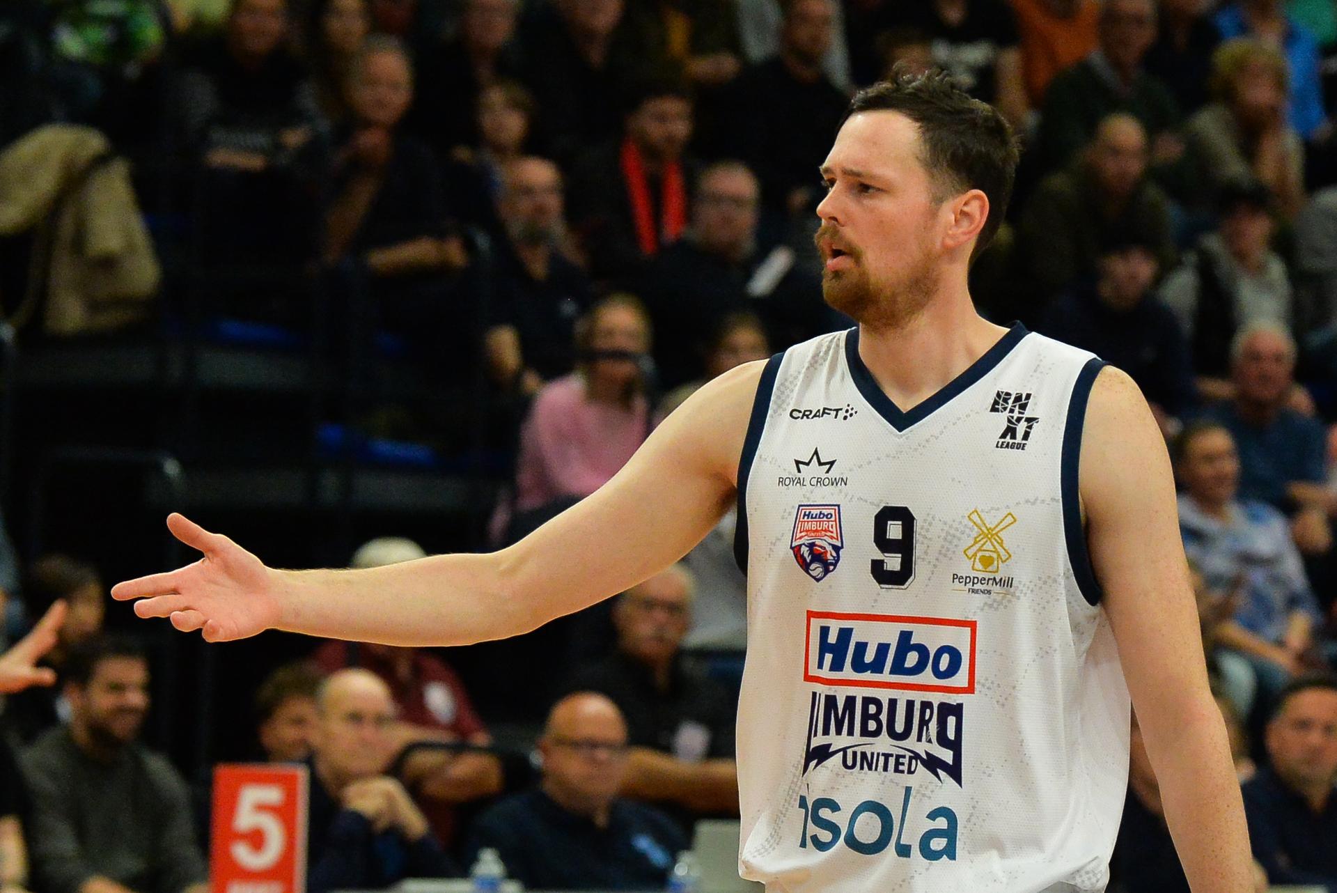 Limburg's Jonas Delalieux looks dejected during a basketball match between Limburg United and Brussels, Friday 03 October 2025 in Mechelen, on day 2 of the 'BNXT League' Belgian/ Dutch first division basket championship. BELGA PHOTO JILL DELSAUX