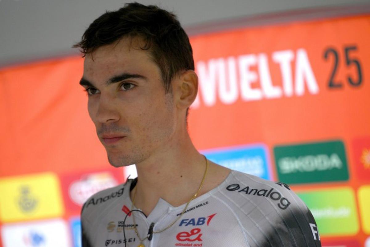 Team UAE's Spanish rider Juan Ayuso looks on after winning the seventh stage of the Vuelta a Espana, a 187 km race between Andorra la Vella and Cerler, on August 29, 2025.    Josep LAGO / AFP