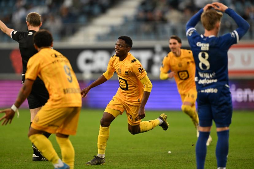 Mechelen's Bill Antonio celebrates after scoring during a soccer match between KAA Gent and KV Mechelen, Monday 06 April 2026 in Gent, on the first day of the Champion's Play-offs (PO1) of the 2025-2026 'Jupiler Pro League' first division of the Belgian championship. BELGA PHOTO JOHN THYS