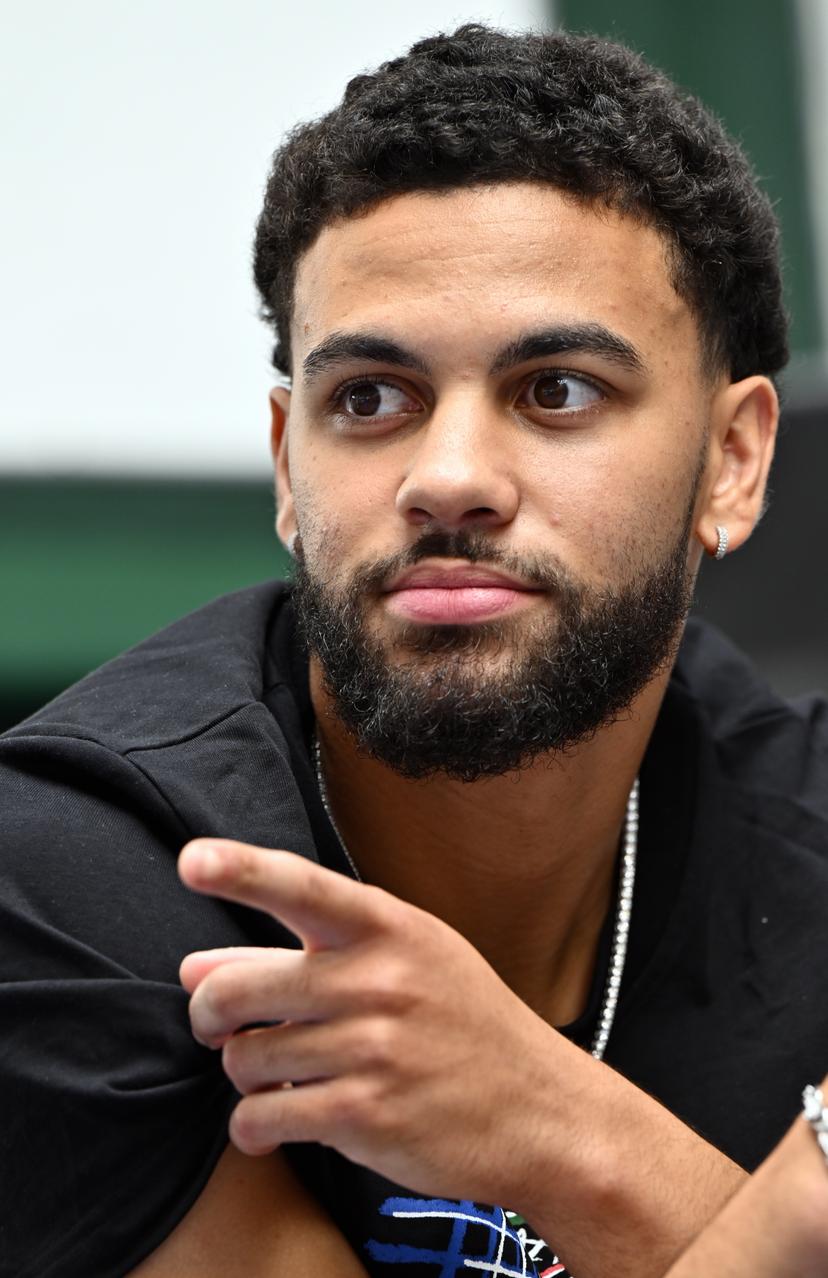 Ajay Mitchell pictured during a press conference regarding the NBA US basketball competition on Wednesday 30 July 2025 in Ans. Oklahoma City Thunder, featuring Belgian point guard Mitchell, won the league. BELGA PHOTO ERIC LALMAND