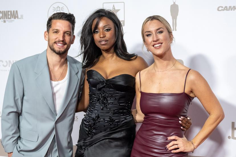 soccer player Dries Mertens (L) , Actress Jennifer Heylen (C) and Television presenter Kat Kerkhofs (R) are pictured at the award ceremony of the 'Ensors' Flemish film prizes at the 'Film Festival Oostende', Saturday 03 February 2024, in Oostende. BELGA PHOTO JONAS ROOSENS