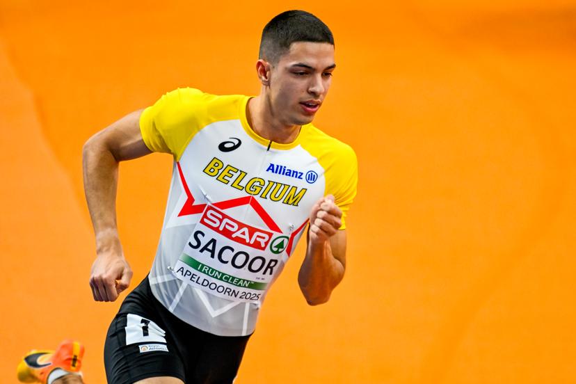 Belgian Jonathan Sacoor pictured in action during the men's 400m race, at the European Athletics Indoor Championships, in Apeldoorn, The Netherlands, Friday 07 March 2025. The championships take place from 6 to 9 March. BELGA PHOTO ERIC LALMAND