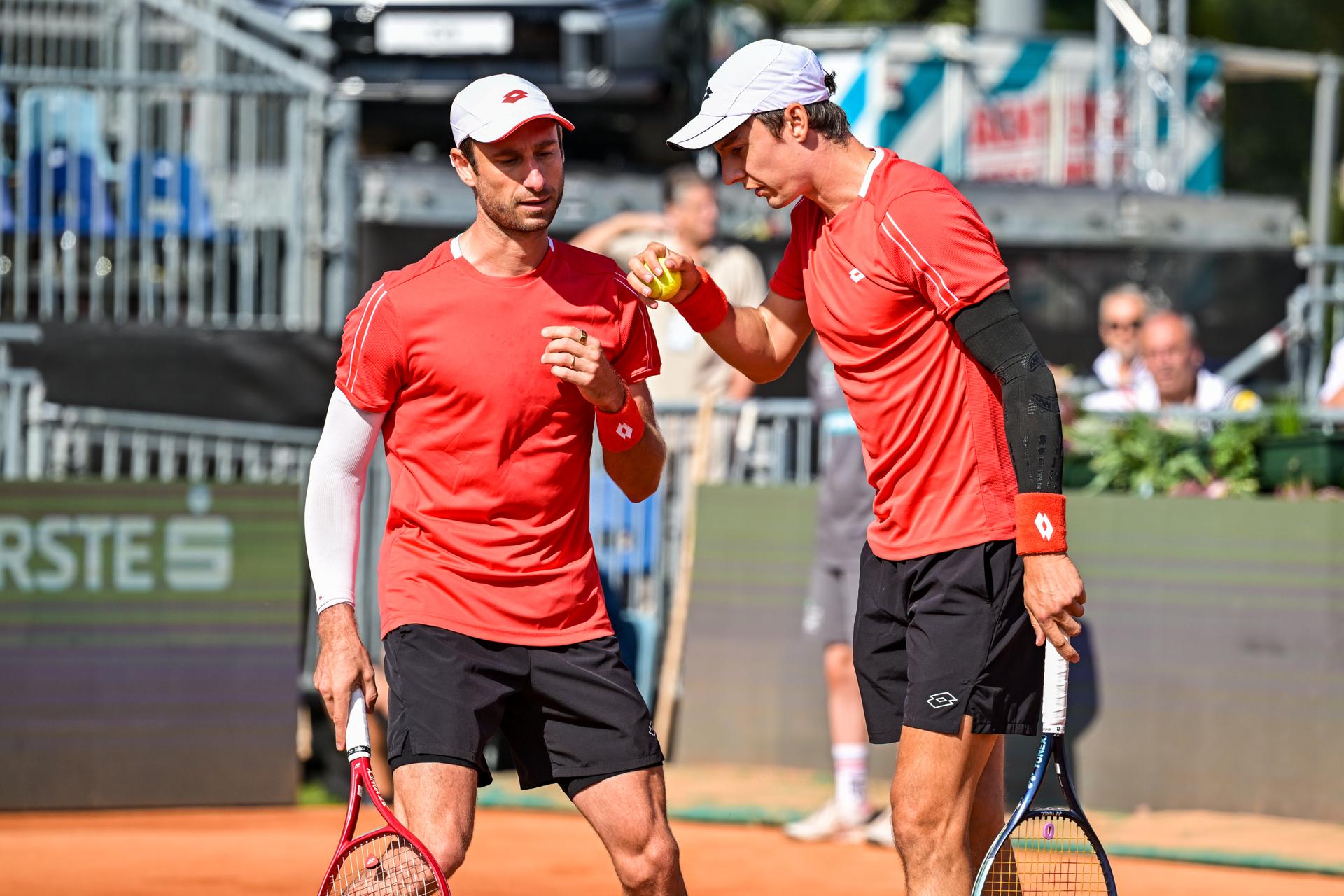 Belgian Sander Gille and Belgian Joran Vliegen pictured during a tennis match between Austrian pair Miedler/Oberleitner and Belgian pair Gille/ Vliegen, the third rubber in the tie between Austria and Belgium, qualifiers for the Davis Cup tournament, on Saturday 19 September 2026 in Vienna, Austria. BELGA PHOTO DAVID PINTENS