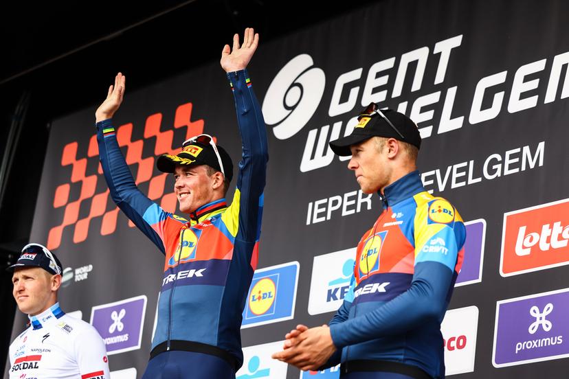 Danish Mads Pedersen of Lidl-Trek celebrates on the podium after winning the men elite 'Gent-Wevelgem - In Flanders Fields' one day cycling race, 250.3 km from Ieper to Wevelgem, Sunday 30 March 2025. BELGA PHOTO DAVID PINTENS