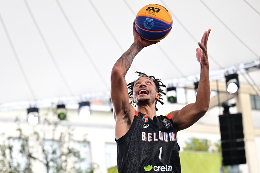 Belgium's Dennis Donkor and +pictured during a 3x3 basketball game between Latvia and Belgium, a quarter-finals game the men's FIBA 3x3 Europe Cup, on Sunday 13 September 2026 in Antwerp. BELGA PHOTO DIRK WAEM