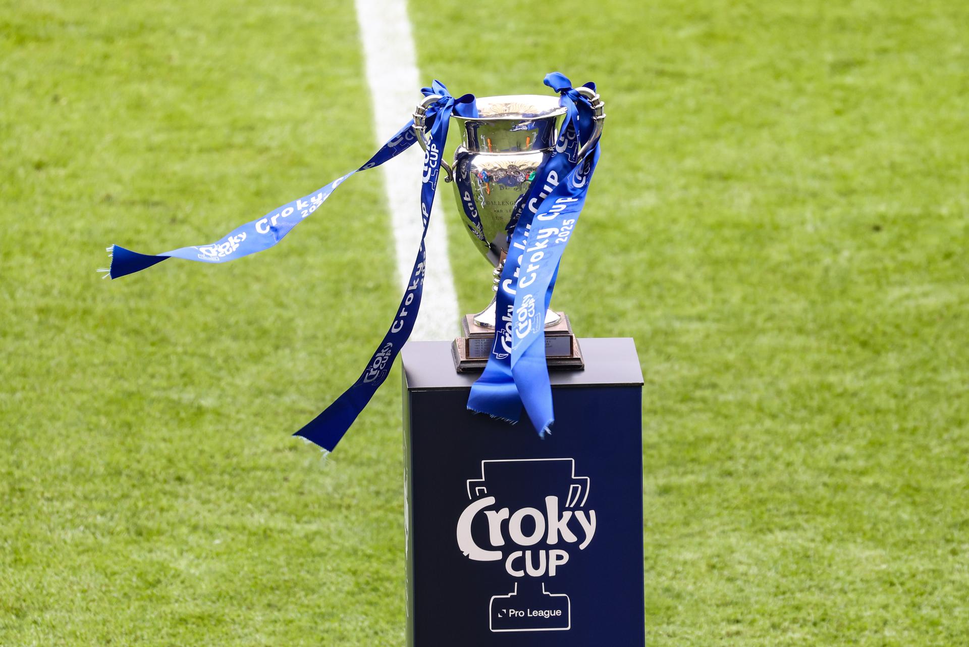 this picture shows the Croky cup trophy before a soccer game between Club Brugge and RSC Anderlecht in Brussels, Sunday 04 May 2025, the final of the 'Croky Cup' Belgian soccer cup. BELGA PHOTO BRUNO FAHY