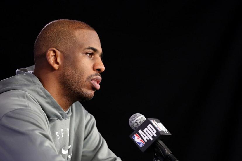 San Antonio Spurs' US guard #3 Chris Paul addresses a press conference after a training session at the Accor Arena - Palais Omnisports de Paris-Bercy - in Paris on January 22, 2025. San Antonio Spurs will face the Indiana Pacers on January 23 and 25 at Bercy, two NBA games relocated to Paris.  FRANCK FIFE / AFP