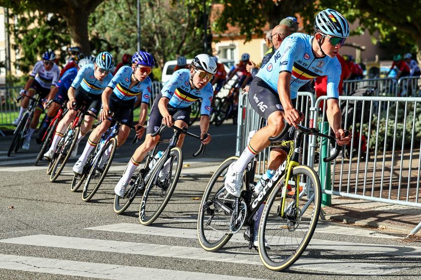Belgium Matisse Van Kerckhove, Belgium Jarno Widar, Belgium Matteo Vanhuffel and Belgium Kamiel Eeman pictured in action during the 121,1 km Men U23 Road Race at the UEC road European cycling championships, in France on Saturday 04 October 2025. The European cycling championships in Drome-Ardeche takes place from 1 to 5 October. BELGA PHOTO DAVID PINTENS