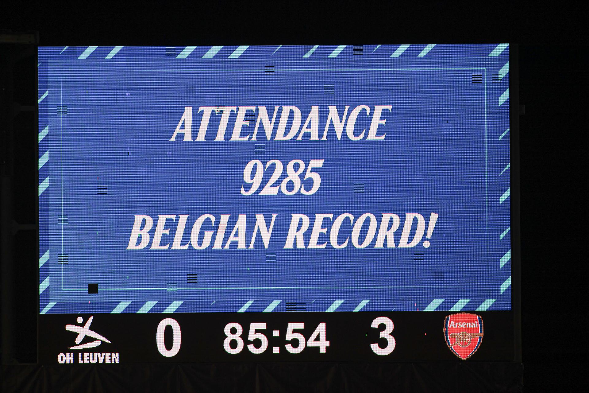 the scoreboard pictured during a soccer match between Oud-Heverlee Leuven Women and English Arsenal, Wednesday 17 December 2025 in Heverlee, game 6 (out of 6) in the league phase of the UEFA Women's Champions League competition. BELGA PHOTO JILL DELSAUX