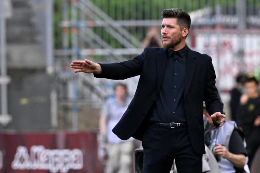 Monaco's Belgian head coach Sebastien Pocognoli gestures from the technical area during the French L1 football match between FC Metz and AS Monaco at the Stade Saint-Symphorien in Longeville-les-Metz, eastern France on May 2, 2026.  Jean-Christophe VERHAEGEN / AFP