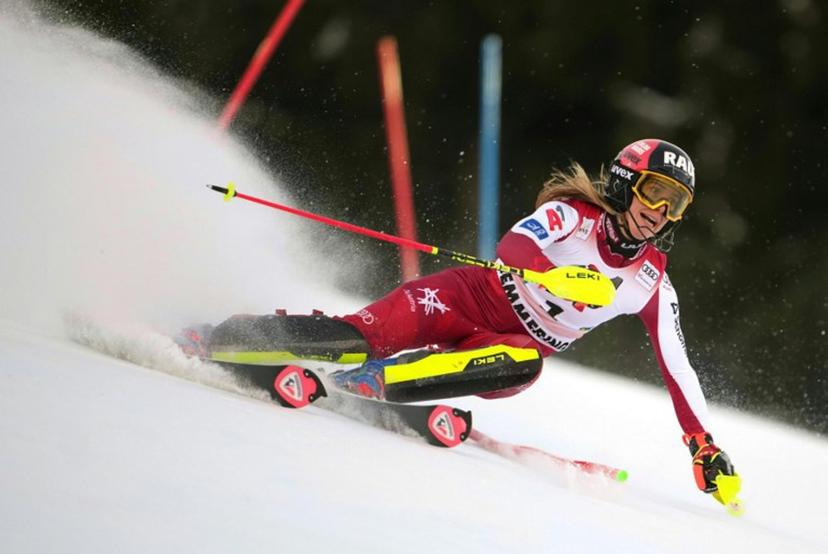 Austria's Katharina Liensberger competes in the first run of the Women's Slalom race of the FIS Alpine Ski World Cup in Semmering, Austria on December 28, 2025.  GEORG HOCHMUTH / APA / AFP