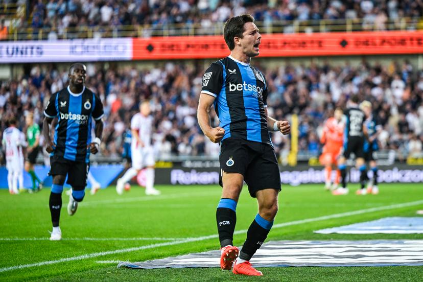 Club's Hugo Vetlesen celebrates after scoring during a soccer match between Club Brugge KV and KV Kortrijk, Friday 7 August 2026 in Brugge, on day 1 of the 2026-2027 'Jupiler Pro League' first division of the Belgian championship. BELGA PHOTO TOM GOYVAERTS