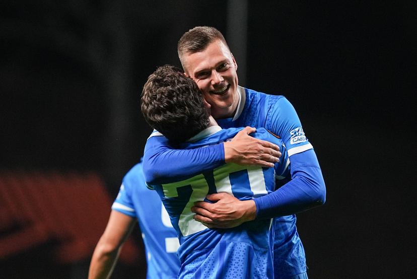 Genk's Daan Heymans celebrates after scoring during a soccer game between Portuguese soccer team SC Braga and Belgian club KRC Genk, on Thursday 06 November 2025, in Braga, fourth game (out of 8) in the league phase of the UEFA Europa League competition. BELGA PHOTO JOMA GISBERT