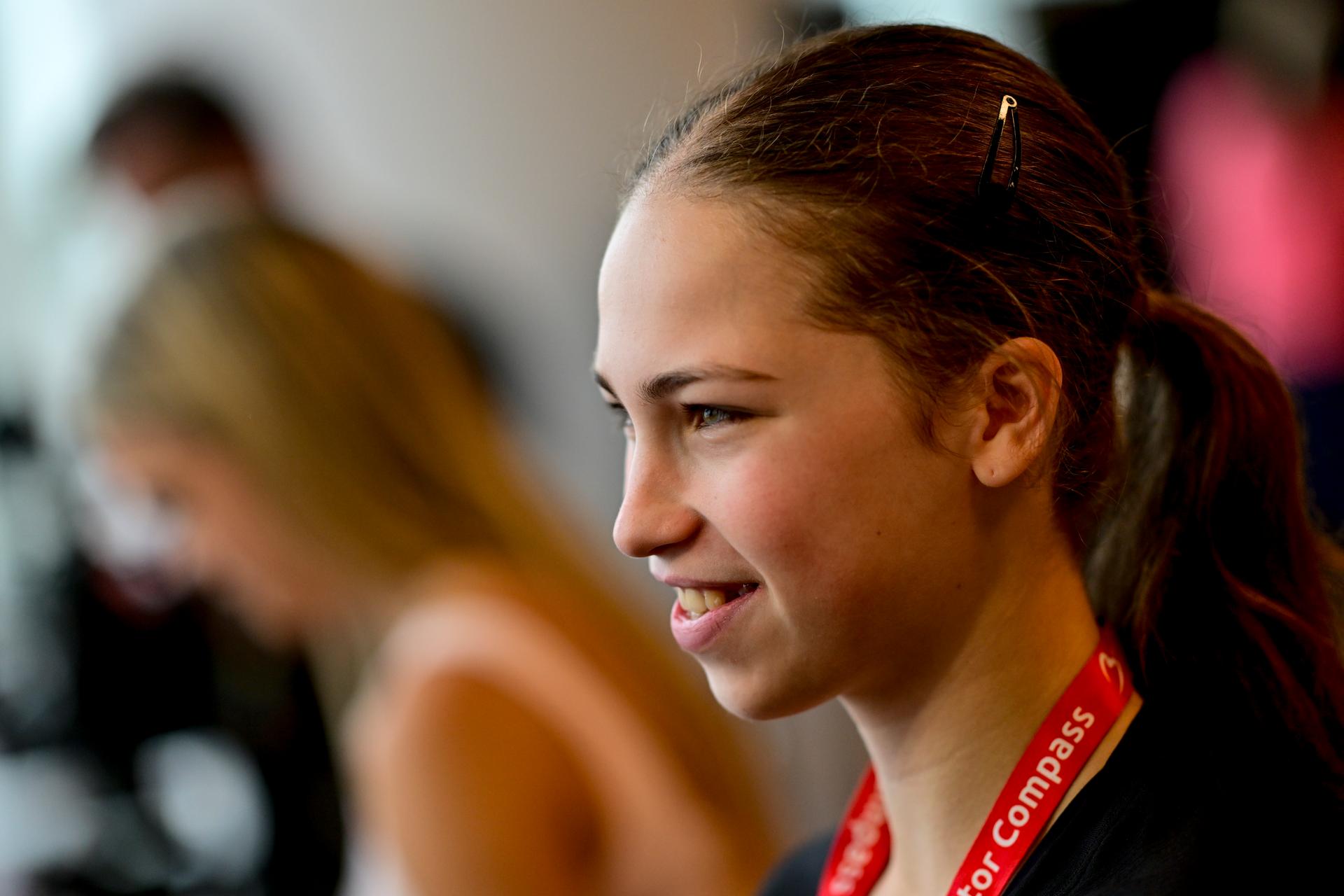 Belgian figure skater Nina Pinzarrone pictured ahead of the presentation of the official Belgian outfit of 'Team Belgium' for the Milano Cortina 2026 Olympic and Paralympic Games, at the gala event 'Styled to the Winter Games' of the BOIC-COIB Belgian olympic committee, Thursday 16 October 2025, in Zaventem. BELGA PHOTO DIRK WAEM