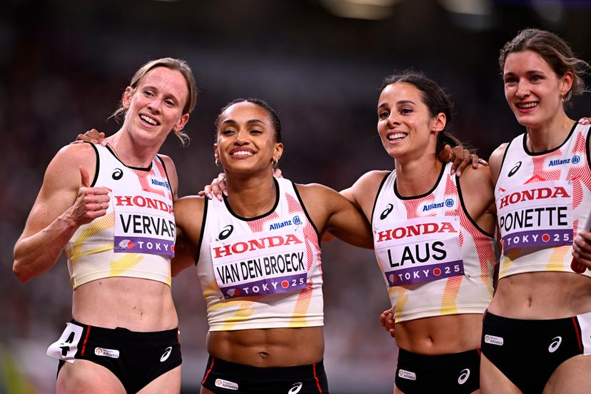Belgian Imke Vervaet, Belgian Naomi Van den Broeck, Belgian Camille Laus and Belgian Helena Ponette pictured after the heats of the women's 4x100m relay race, at the World Athletics Championships in Tokyo, Japan, on Saturday 20 September 2025. The outdoor Worlds are taking place from 13 to 21 September. BELGA PHOTO JASPER JACOBS