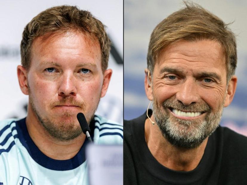 (COMBO) This combination of pictures created in Berlin, Germany on July 3, 2026 shows then Germany's head coach Julian Nagelsmann (L) addressing a press conference on May 27, 2026 in Herzogenaurach and Jurgen Klopp, Red Bull's then new "Global Head of Soccer", smiling during a press presentation in Salzburg, Austria on January 14, 2025.  Jurgen Klopp has told the German FA (DFB) he is "fundamentally willing" to take over as Germany coach after Julian Nagelsmann handed in his resignation, the DFB confirmed on July 3, 2026.  KERSTIN JOENSSON, Daniel Karmann / AFP