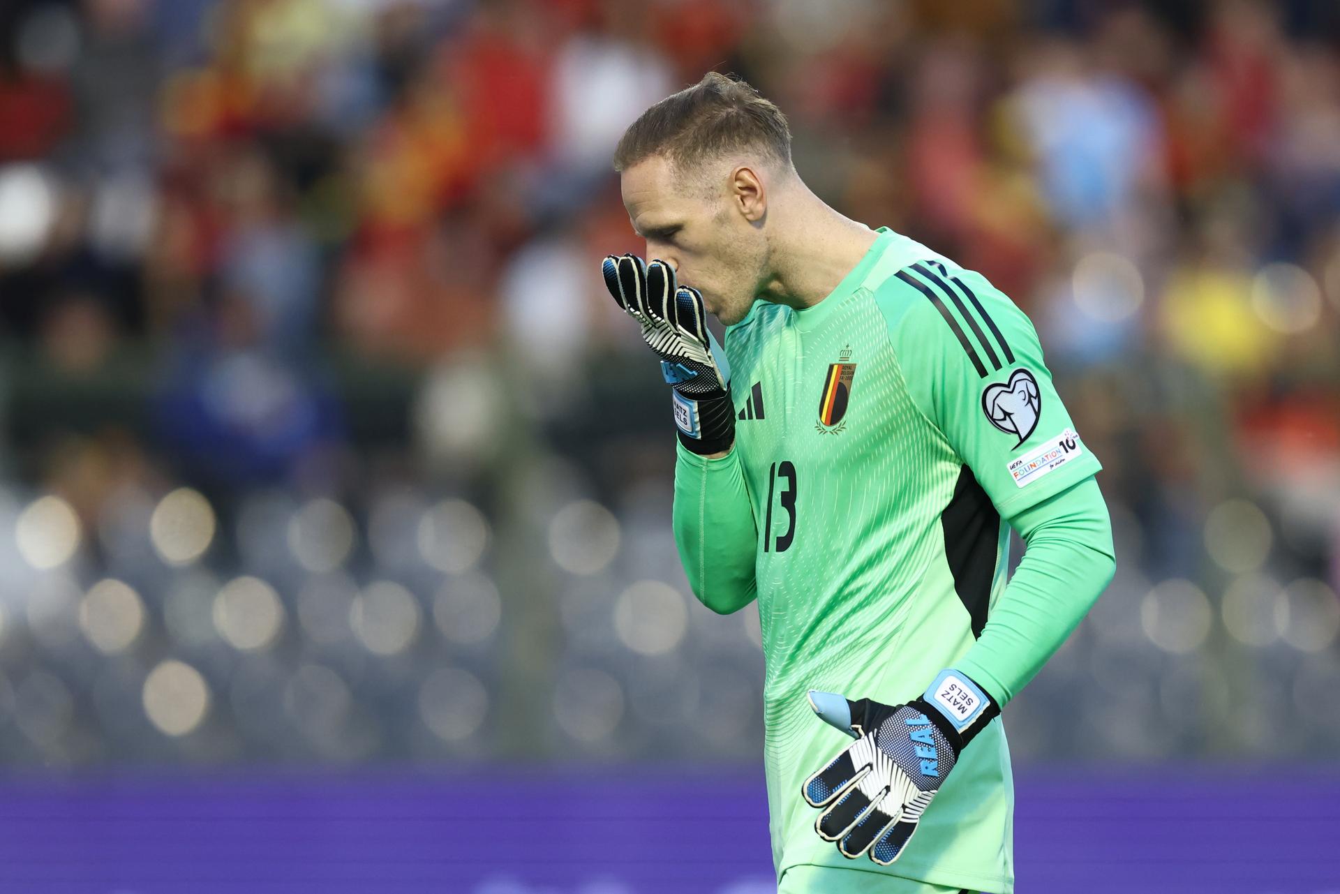 Belgium's goalkeeper Matz Sels reacts during a soccer game between Belgian national team Red Devils and Wales, Monday 09 June 2025 in Bussels, the second (out of 8) qualification games for the World Cup 2026. BELGA PHOTO BRUNO FAHY