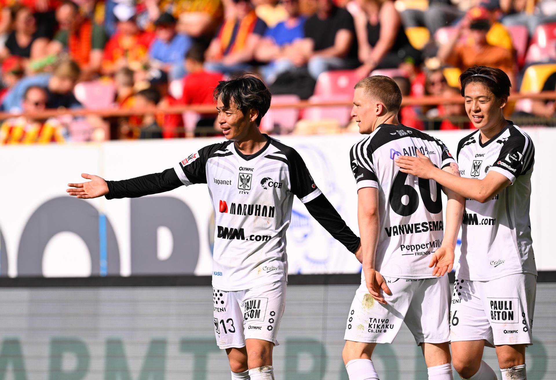 STVV's Ryotaro Ito celebrates after scoring during a soccer match between KV Mechelen and Sint-Truiden VV, Sunday 26 April 2026 in Mechelen, on the fifth day of the Champion's Play-offs of the 2025-2026 'Jupiler Pro League' first division of the Belgian championship. BELGA PHOTO JOHN THYS