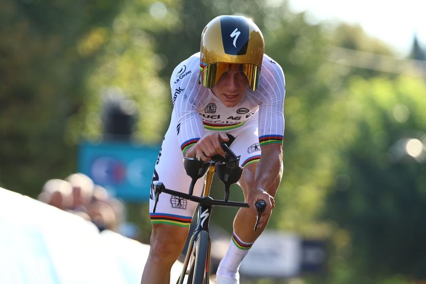 Belgian Remco Evenepoel pictured at the arrival as he wins the 24 km time trial of the Men Elite category at the UEC road European cycling championships, Wednesday 01 October 2025, in Loriol-sur-Drome, France. The European cycling championships Drome-Ardeche takes place from 1 to 5 October, France. BELGA PHOTO DAVID PINTENS